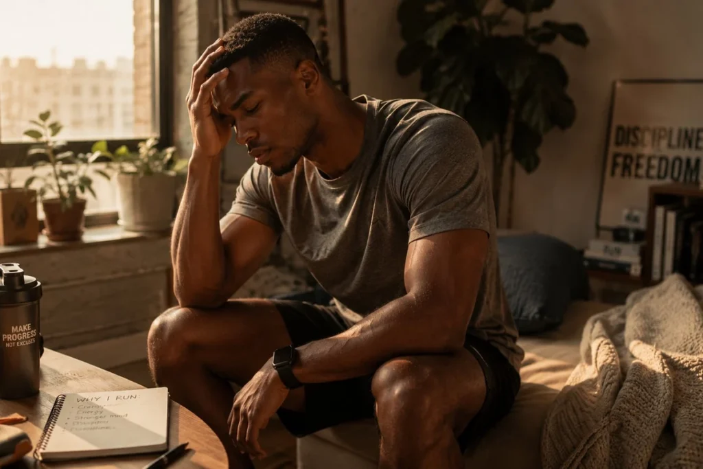 David T., a Brooklyn graphic designer, in his apartment after a workout