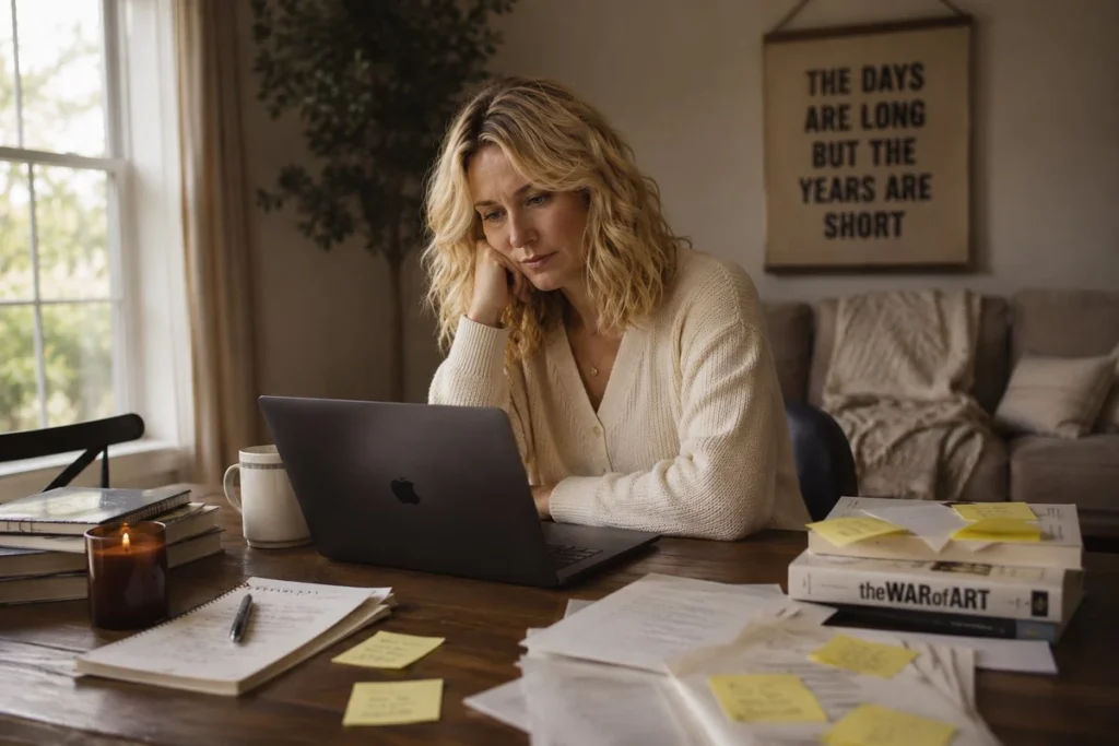 Sarah M. at her home desk, finally focused on one business idea