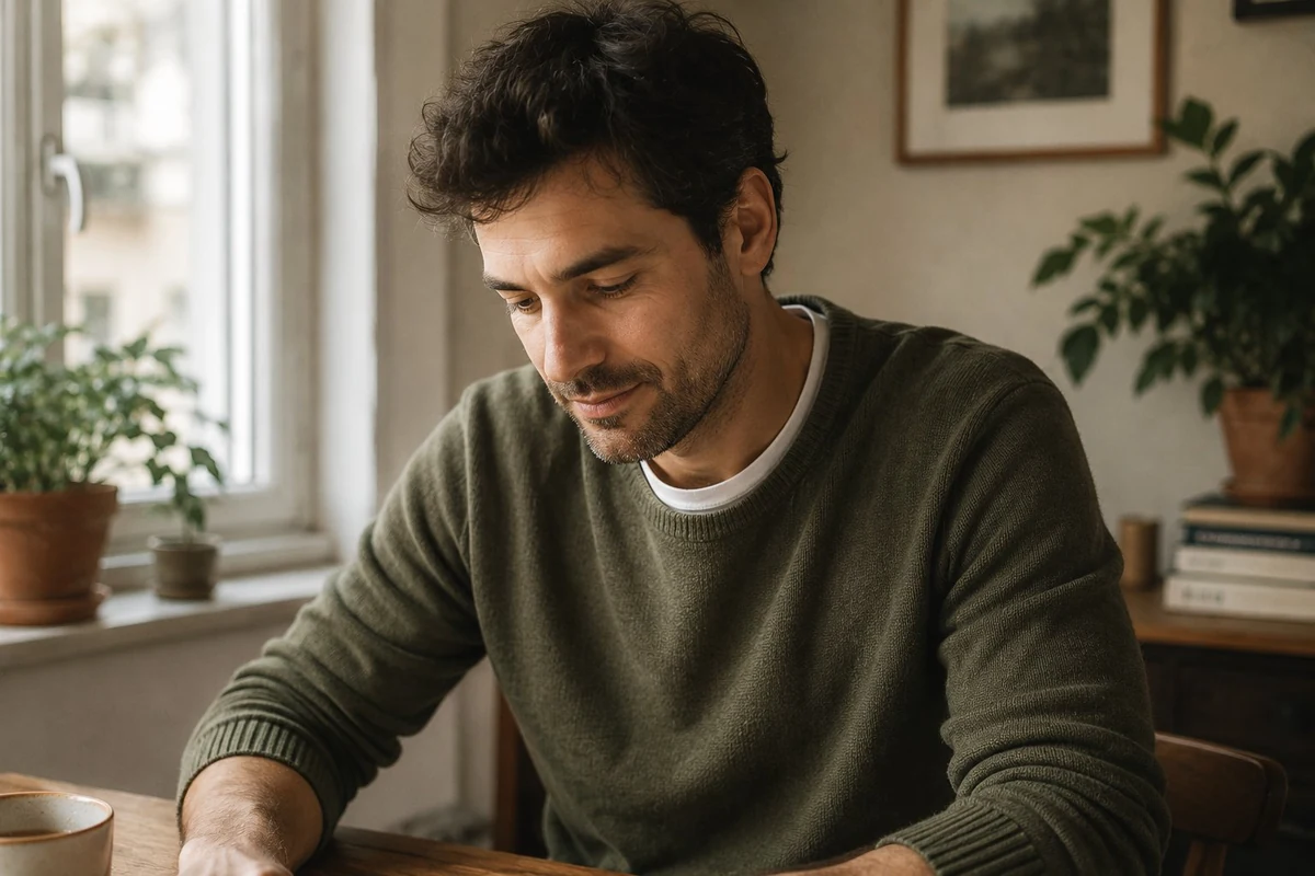 Man at quiet desk in window light, focused calm moment of decision