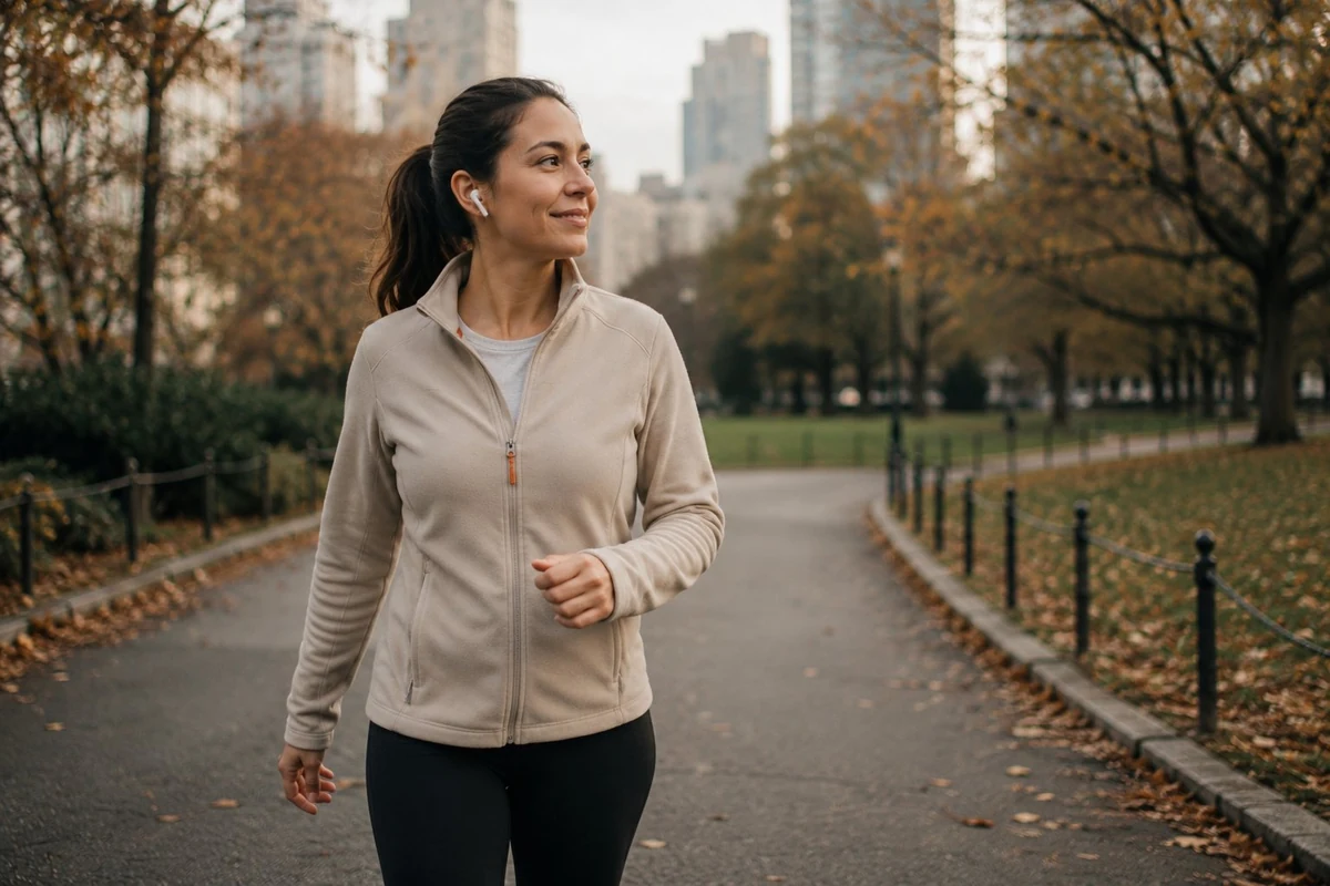 Woman walking briskly through a quiet city park, sustained momentum mood