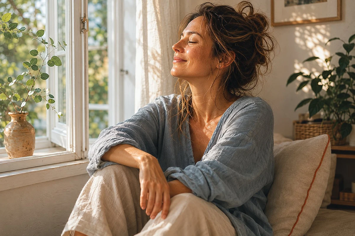 Woman by an open window in soft morning light, eyes closed in quiet stillness