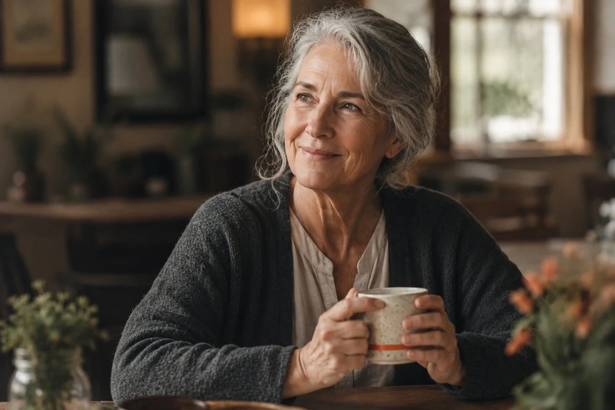 Older woman holding a ceramic mug, soft knowing smile, lived-in warmth